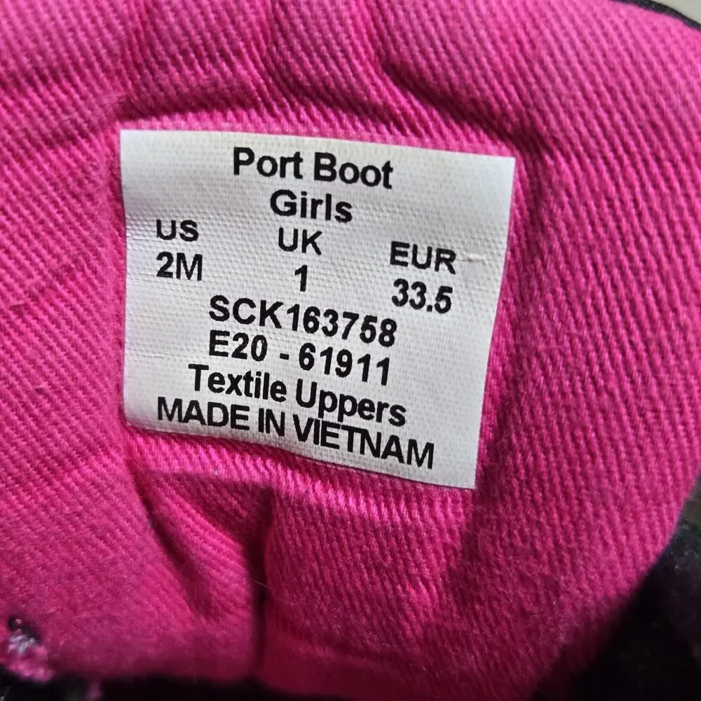 Sperry Port Duck Boots Kids Size 2 Black /Pink Waterproof Lined Rain Snow Play